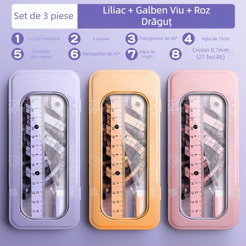 Set riglă și busolă pentru elevi de școală primară, elevi de gimnaziu, riglă triunghiulară, rechizite de papetărie pentru elevi de clasa a șasea, set riglă și triunghi