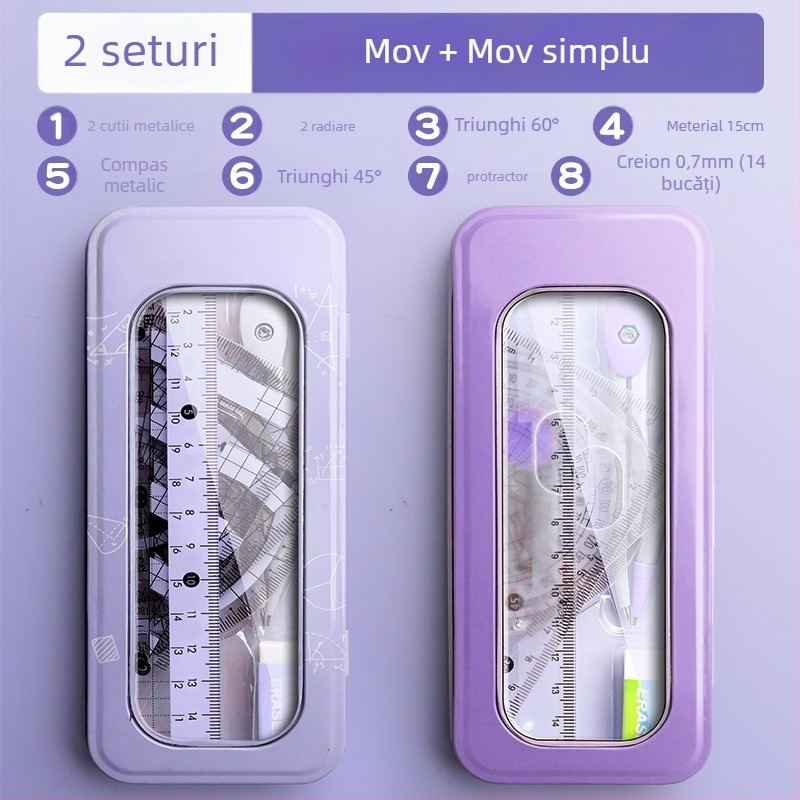 Set riglă și busolă pentru elevi de școală primară, elevi de gimnaziu, riglă triunghiulară, rechizite de papetărie pentru elevi de clasa a șasea, set riglă și triunghi