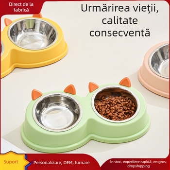Urechi de pisică din oțel inoxidabil pentru animale de companie, bol pentru câini, bol pentru pisici, bol pentru hrană pentru câini, bol pentru hrană pentru pisici, bol pentru hrană pentru câini și pisici, bol dublu pentru mâncare și băutură, tacâmuri