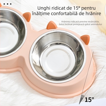 Urechi de pisică din oțel inoxidabil pentru animale de companie, bol pentru câini, bol pentru pisici, bol pentru hrană pentru câini, bol pentru hrană pentru pisici, bol pentru hrană pentru câini și pisici, bol dublu pentru mâncare și băutură, tacâmuri