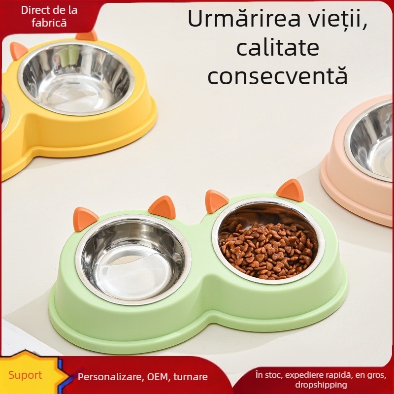 Urechi de pisică din oțel inoxidabil pentru animale de companie, bol pentru câini, bol pentru pisici, bol pentru hrană pentru câini, bol pentru hrană pentru pisici, bol pentru hrană pentru câini și pisici, bol dublu pentru mâncare și băutură, tacâmuri