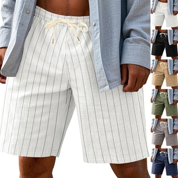 Pantaloni scurți transfrontalieri de vară pentru bărbați, cu 5 puncte, din lenjerie de plajă, respirabili, cu dungi verticale jacquard și dantelă