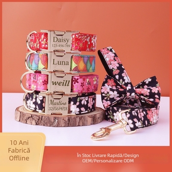 Zgardă de câine în stil japonez cu ștanțare aurie și lesă cu fundă, cataramă metalică gravată personalizabilă, accesoriu pentru animale de companie