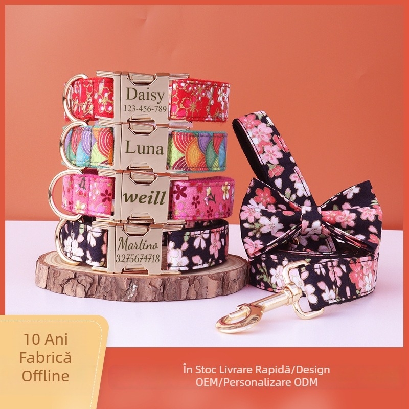 Zgardă de câine în stil japonez cu ștanțare aurie și lesă cu fundă, cataramă metalică gravată personalizabilă, accesoriu pentru animale de companie