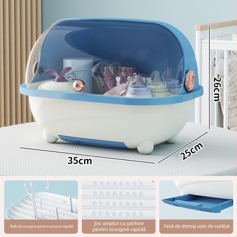 Cutie de depozitare pentru biberoane, instrument pentru suplimente alimentare, raft de scurgere, tacâmuri pentru bebeluși, cutie de depozitare de mare capacitate, rezistentă la praf, cu capac rabatabil