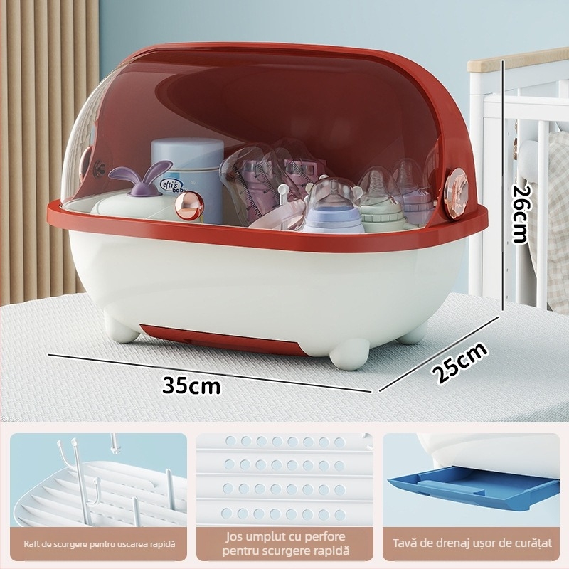 Cutie de depozitare pentru biberoane, instrument pentru suplimente alimentare, raft de scurgere, tacâmuri pentru bebeluși, cutie de depozitare de mare capacitate, rezistentă la praf, cu capac rabatabil