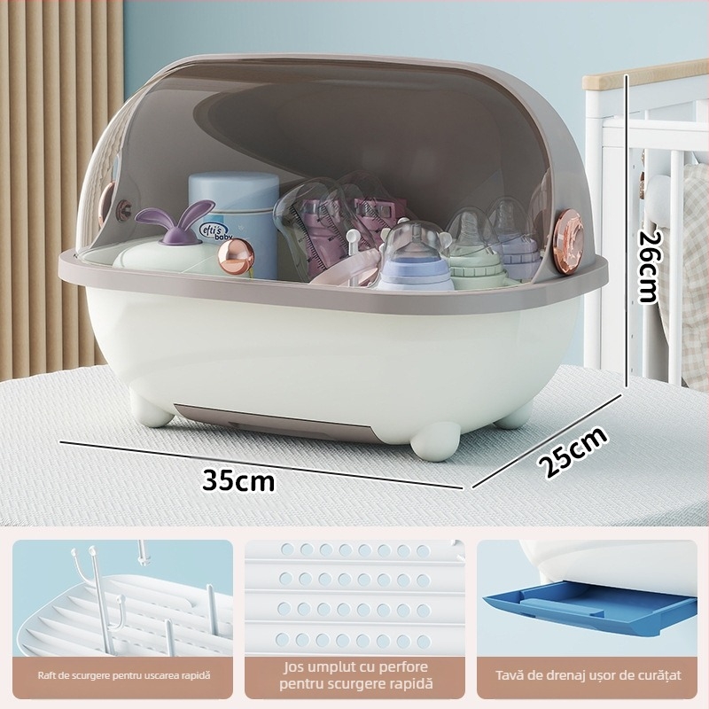 Cutie de depozitare pentru biberoane, instrument pentru suplimente alimentare, raft de scurgere, tacâmuri pentru bebeluși, cutie de depozitare de mare capacitate, rezistentă la praf, cu capac rabatabil