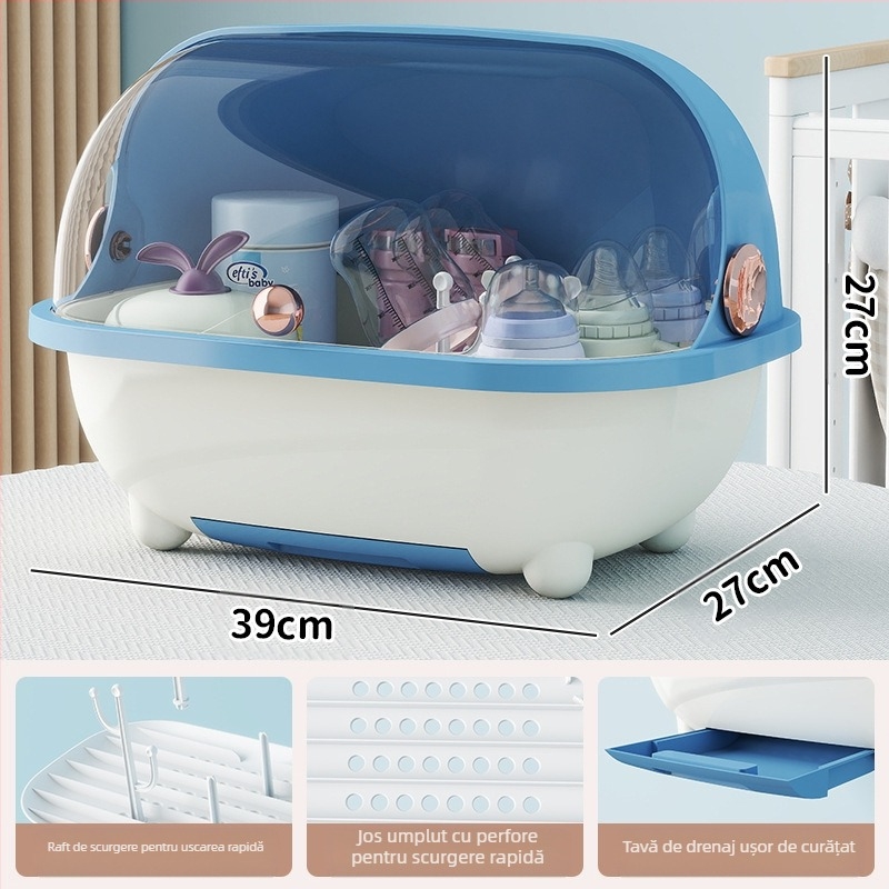 Cutie de depozitare pentru biberoane, instrument pentru suplimente alimentare, raft de scurgere, tacâmuri pentru bebeluși, cutie de depozitare de mare capacitate, rezistentă la praf, cu capac rabatabil