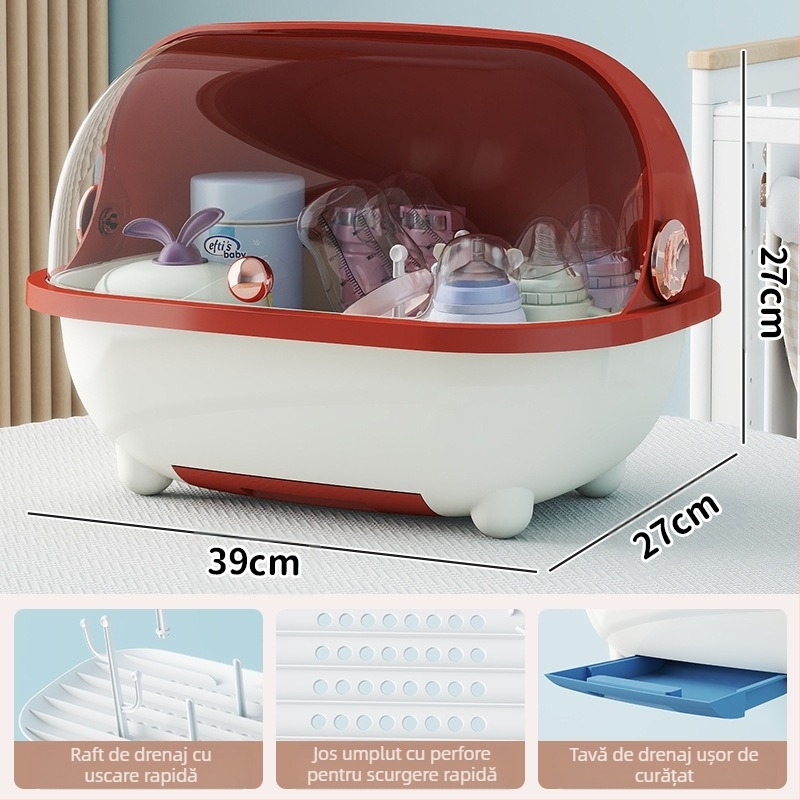 Cutie de depozitare pentru biberoane, instrument pentru suplimente alimentare, raft de scurgere, tacâmuri pentru bebeluși, cutie de depozitare de mare capacitate, rezistentă la praf, cu capac rabatabil