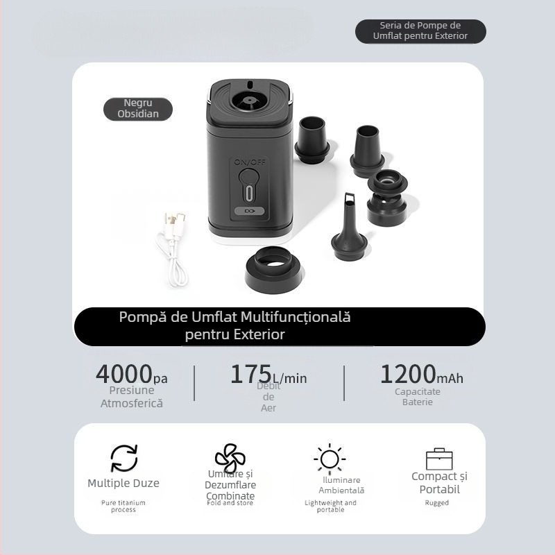 Pompă de aer electrică portabilă multifuncțională pentru camping în aer liber, saltea de aer, inel de înot, inel de înot, poate pompa aer electric