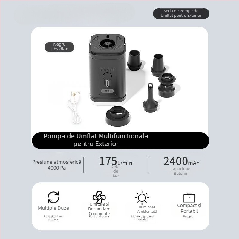 Pompă de aer electrică portabilă multifuncțională pentru camping în aer liber, saltea de aer, inel de înot, inel de înot, poate pompa aer electric