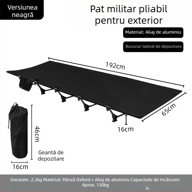 Pat pliabil în aer liber pentru camping, somn de birou, pat de companie, pătuț militar din aliaj de aluminiu din pânză Oxford, ușor și portabil