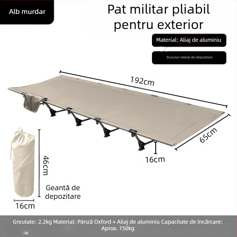 Pat pliabil în aer liber pentru camping, somn de birou, pat de companie, pătuț militar din aliaj de aluminiu din pânză Oxford, ușor și portabil