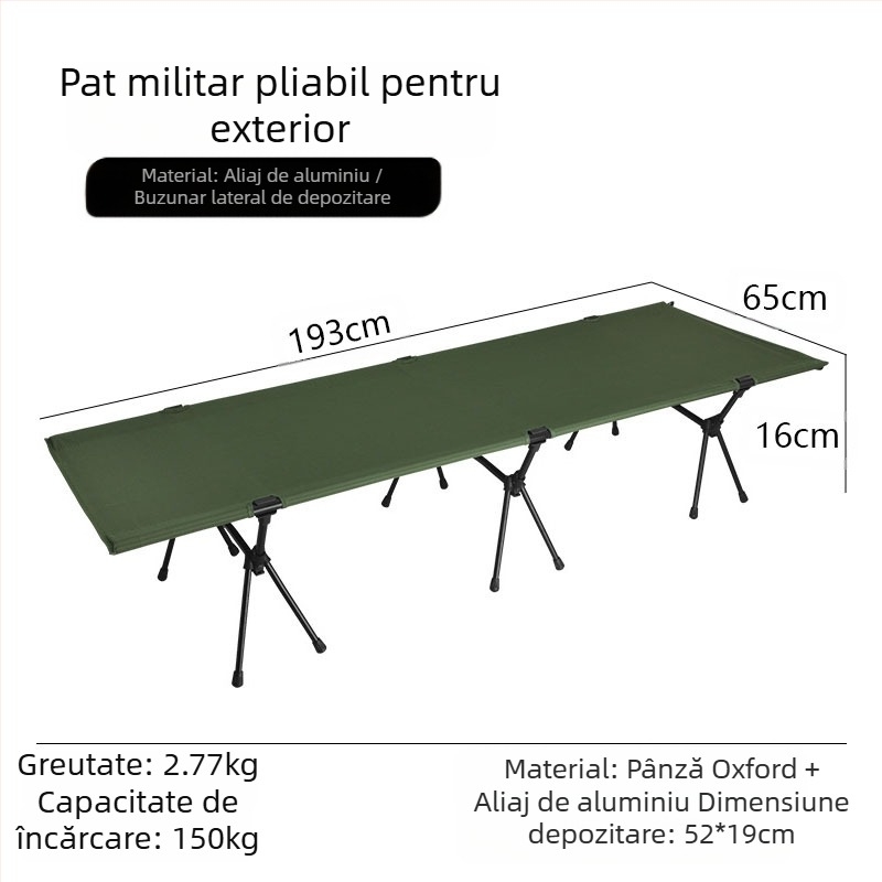 Pat pliabil în aer liber pentru camping, somn de birou, pat de companie, pătuț militar din aliaj de aluminiu din pânză Oxford, ușor și portabil