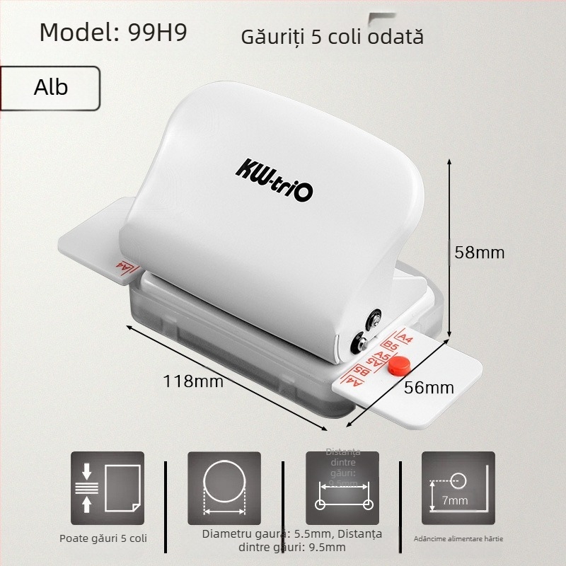 Se poate obține un perforator excelent cu mai multe găuri pentru hârtie A4, un perforator cu 30 de găuri pentru documente B5 cu 26 de găuri.