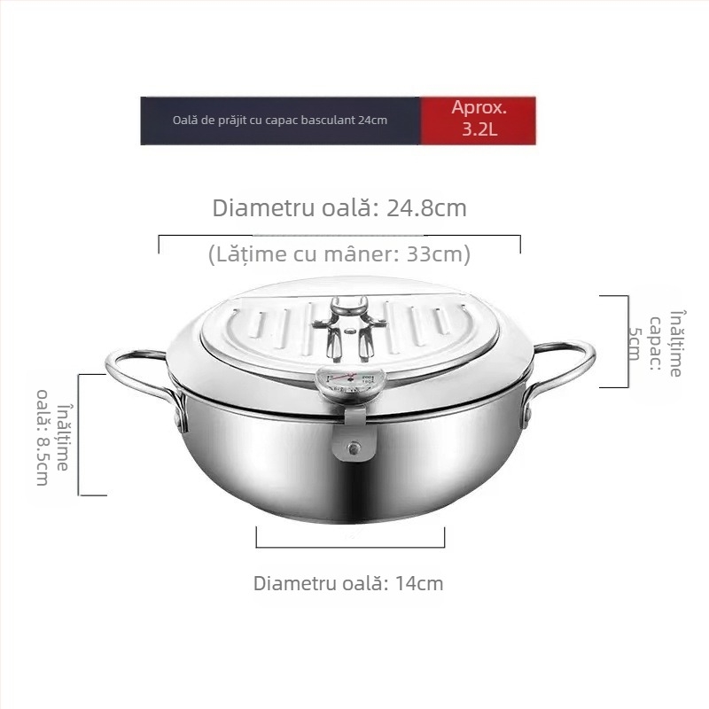 Friteuză Chengze în stil japonez din oțel inoxidabil 304, friteuză mică cu filtru și temperatură controlată pentru uz casnic, economisire ulei