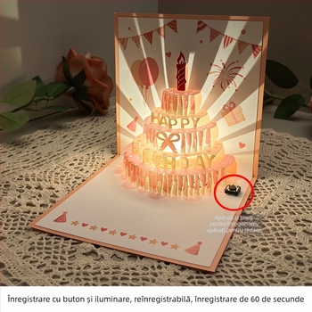 Felicitare cu lumină de înregistrare pentru ziua de naștere, felicitare cu voce stereo 3D, tort, cadou de ziua de naștere pentru iubit și prietenă, carte de binecuvântare