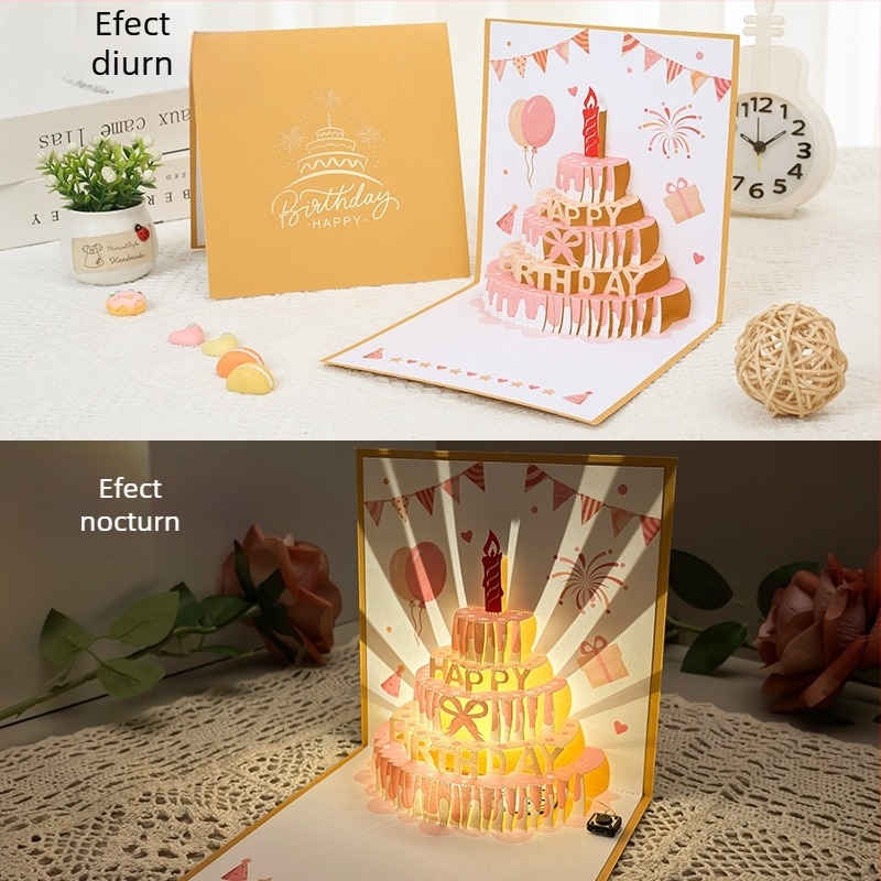 Felicitare cu lumină de înregistrare pentru ziua de naștere, felicitare cu voce stereo 3D, tort, cadou de ziua de naștere pentru iubit și prietenă, carte de binecuvântare