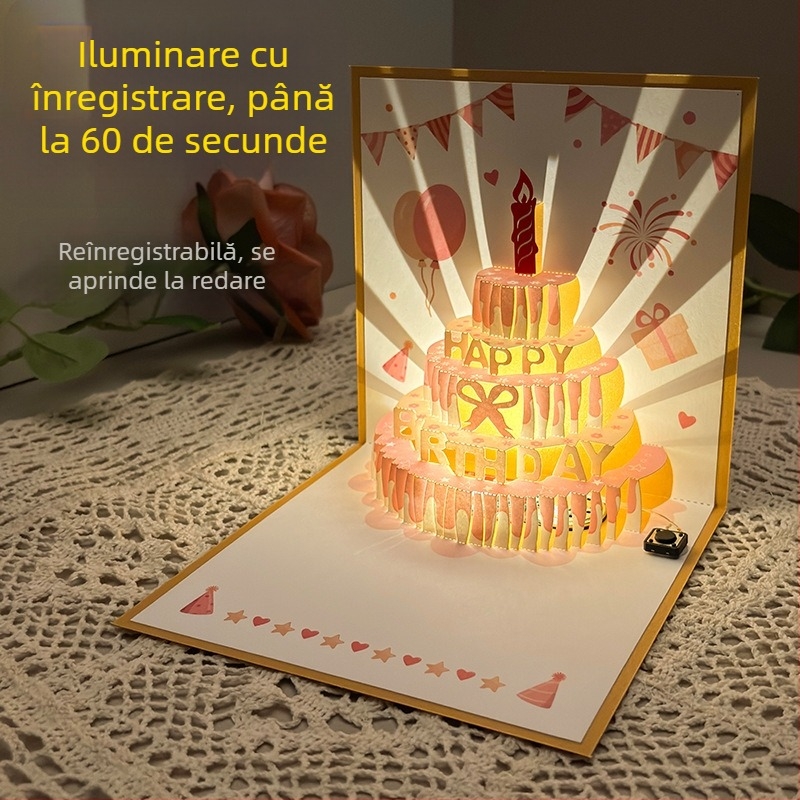 Felicitare cu lumină de înregistrare pentru ziua de naștere, felicitare cu voce stereo 3D, tort, cadou de ziua de naștere pentru iubit și prietenă, carte de binecuvântare