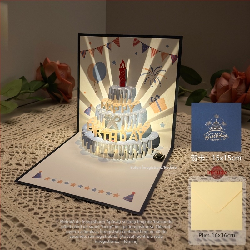 Felicitare cu lumină de înregistrare pentru ziua de naștere, felicitare cu voce stereo 3D, tort, cadou de ziua de naștere pentru iubit și prietenă, carte de binecuvântare