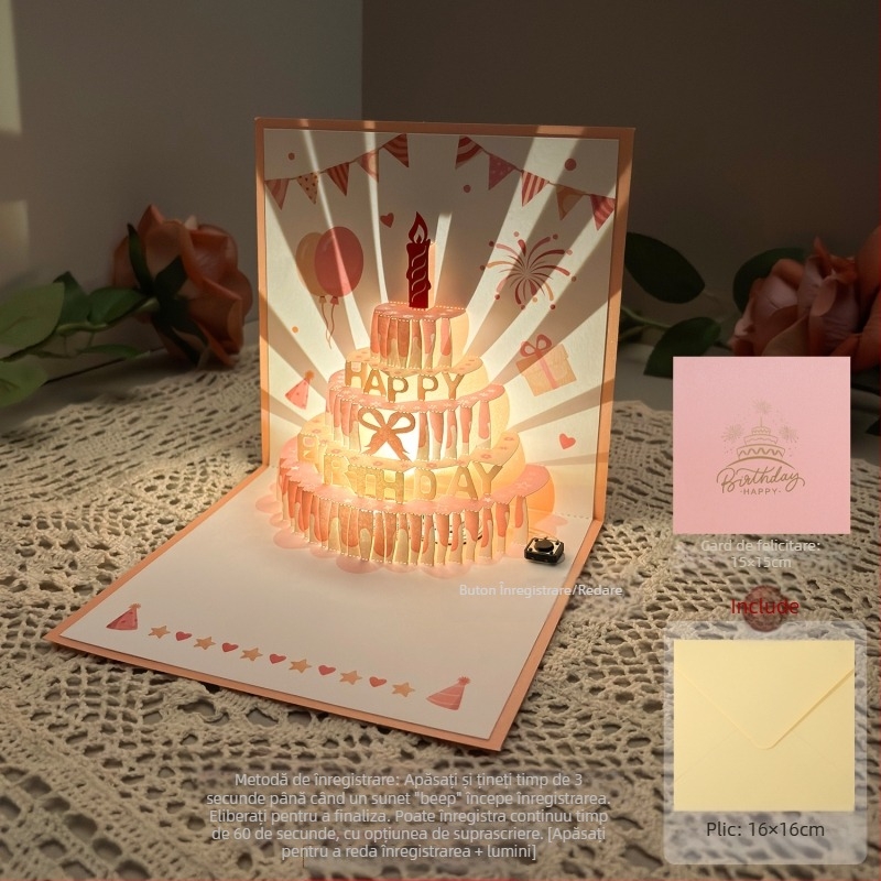Felicitare cu lumină de înregistrare pentru ziua de naștere, felicitare cu voce stereo 3D, tort, cadou de ziua de naștere pentru iubit și prietenă, carte de binecuvântare