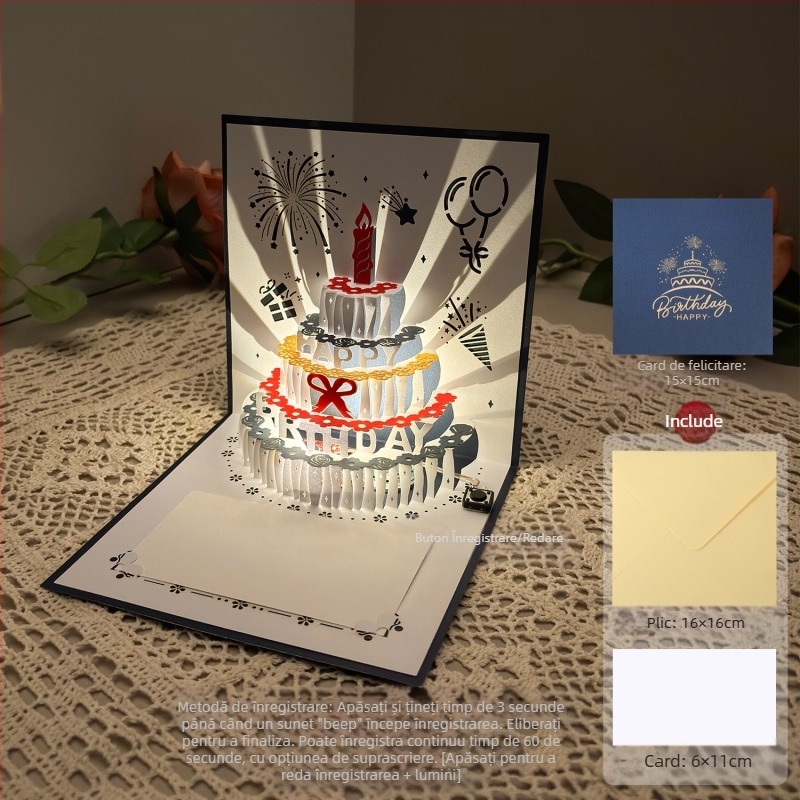 Felicitare cu lumină de înregistrare pentru ziua de naștere, felicitare cu voce stereo 3D, tort, cadou de ziua de naștere pentru iubit și prietenă, carte de binecuvântare