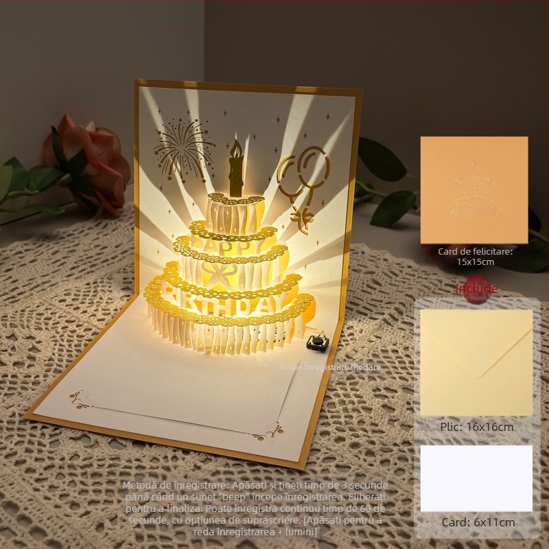 Felicitare cu lumină de înregistrare pentru ziua de naștere, felicitare cu voce stereo 3D, tort, cadou de ziua de naștere pentru iubit și prietenă, carte de binecuvântare