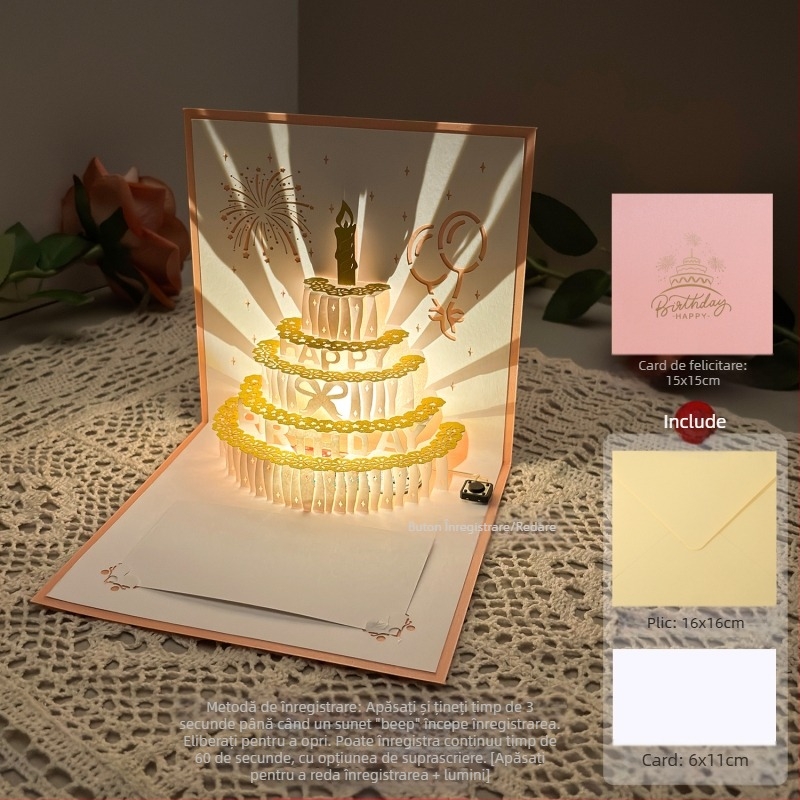 Felicitare cu lumină de înregistrare pentru ziua de naștere, felicitare cu voce stereo 3D, tort, cadou de ziua de naștere pentru iubit și prietenă, carte de binecuvântare