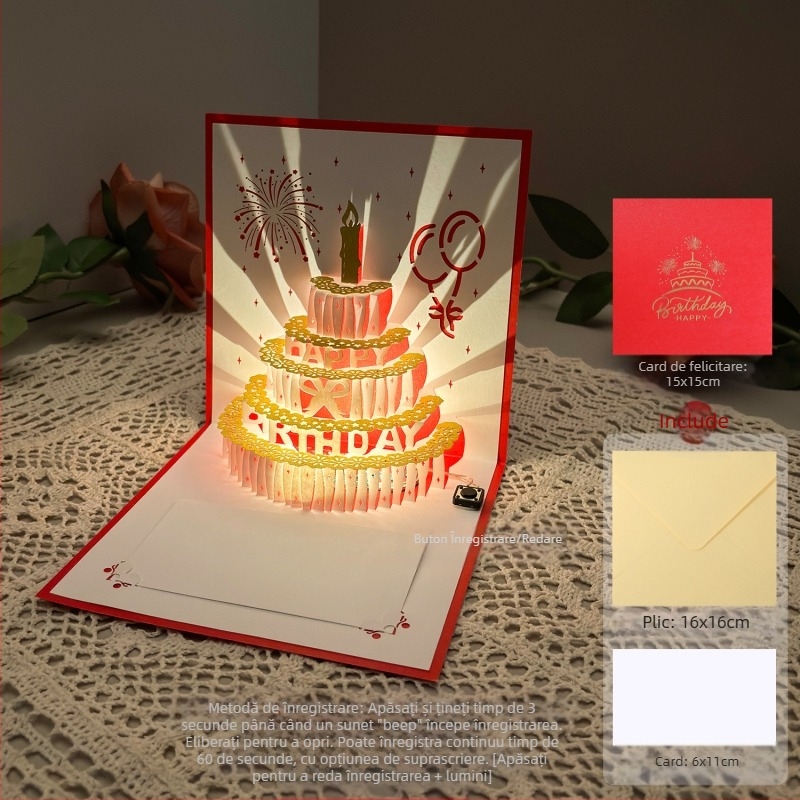Felicitare cu lumină de înregistrare pentru ziua de naștere, felicitare cu voce stereo 3D, tort, cadou de ziua de naștere pentru iubit și prietenă, carte de binecuvântare