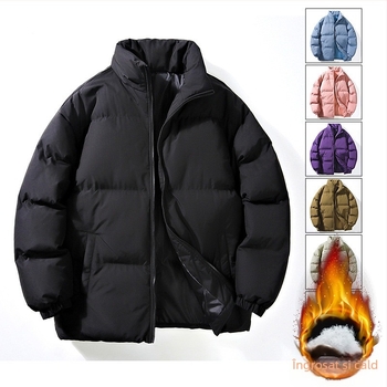 Jachetă de iarnă pentru bărbați, de dimensiuni mari, cu bumbac căptușit, îngroșată, caldă, costum de pâine la modă, cu guler de marcă, cu bumbac căptușit, de culoare solidă, vrac, haină pentru cupluri