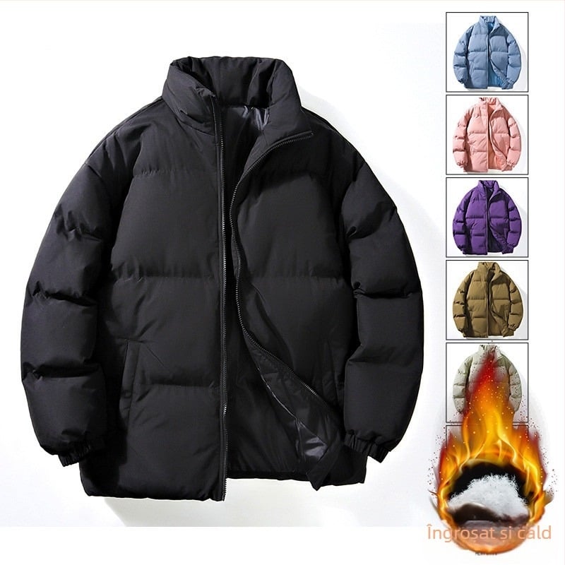 Jachetă de iarnă pentru bărbați, de dimensiuni mari, cu bumbac căptușit, îngroșată, caldă, costum de pâine la modă, cu guler de marcă, cu bumbac căptușit, de culoare solidă, vrac, haină pentru cupluri