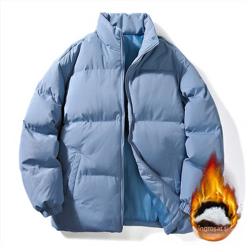 Jachetă de iarnă pentru bărbați, de dimensiuni mari, cu bumbac căptușit, îngroșată, caldă, costum de pâine la modă, cu guler de marcă, cu bumbac căptușit, de culoare solidă, vrac, haină pentru cupluri