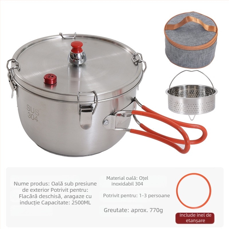 Oală sub presiune din oțel inoxidabil pentru exterior, oală multifuncțională pentru gătit la abur, portabilă, rezistentă la explozii, oală sub presiune alpină, stil camping