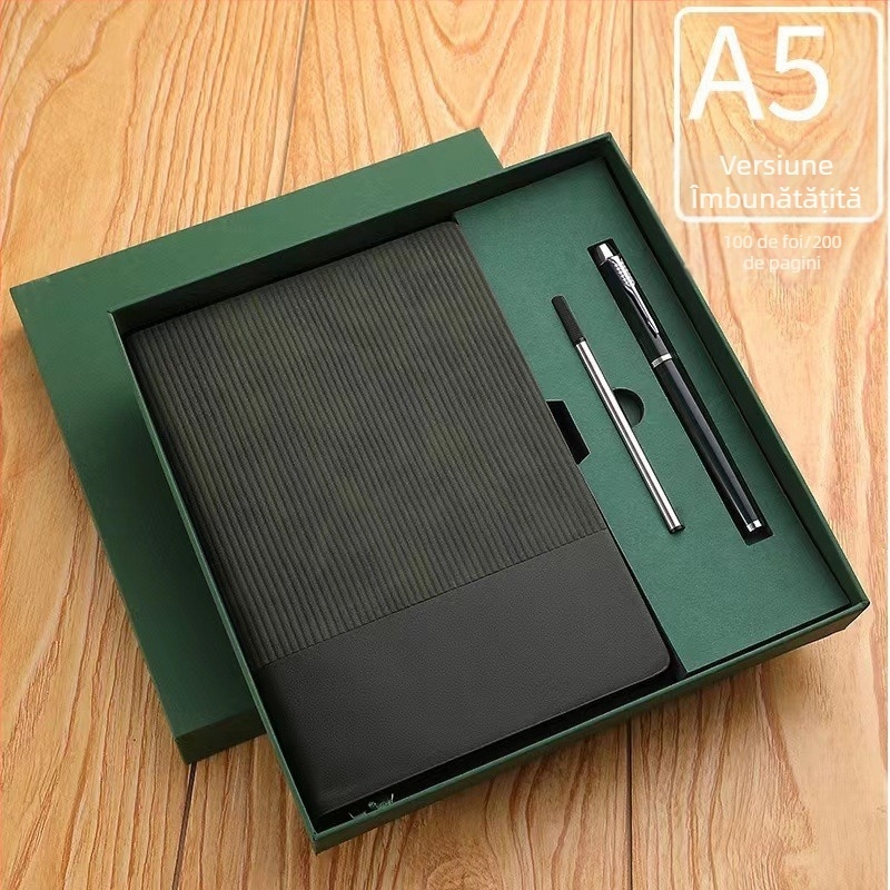 Set de caiet de afaceri din piele moale PU, A5, cutie cadou simplă, blocnotes bicolor de înaltă calitate, cu lipie