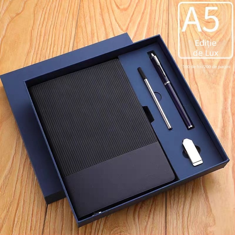 Set de caiet de afaceri din piele moale PU, A5, cutie cadou simplă, blocnotes bicolor de înaltă calitate, cu lipie