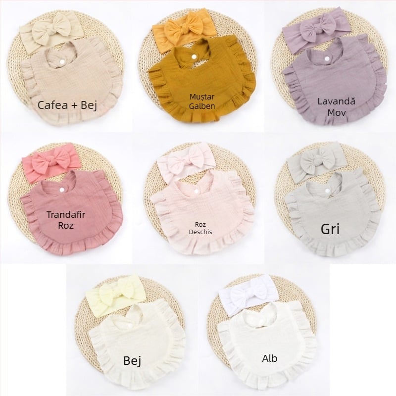 Bavet pentru copii, cu bandă de păr și fundă, european și american, pentru nou-născuți, din tifon și volane, prosop alunecos pentru bebeluși