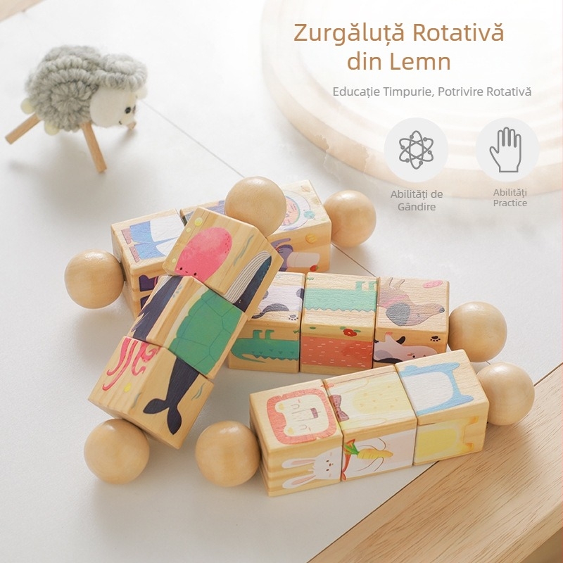 Transfrontaliere copii mână zornăitoare lemn rotativ bloc animale puzzle copil apucare educație timpurie rotativ potrivire jucărie