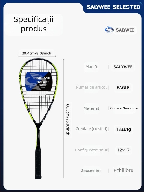 Rachetă de squash Salywee Red Eagle, compozit de carbon, dintr-o singură piesă, rachetă de antrenament profesională, sporturi europene și americane, ultra-ușoară, 185 ± 5 g