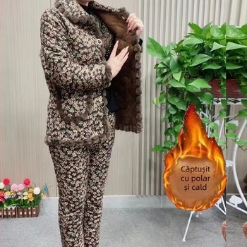 Mama de iarnă, căptușită cu fleece, îngroșată, cu bumbac, haine, pantaloni din bumbac, costum de femei, nou-venită, jachetă caldă cu bumbac, pentru femei de vârstă mijlocie și vârstnici, set din două piese