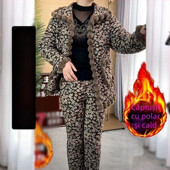 Mama de iarnă, căptușită cu fleece, îngroșată, cu bumbac, haine, pantaloni din bumbac, costum de femei, nou-venită, jachetă caldă cu bumbac, pentru femei de vârstă mijlocie și vârstnici, set din două piese