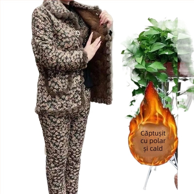 Mama de iarnă, căptușită cu fleece, îngroșată, cu bumbac, haine, pantaloni din bumbac, costum de femei, nou-venită, jachetă caldă cu bumbac, pentru femei de vârstă mijlocie și vârstnici, set din două piese