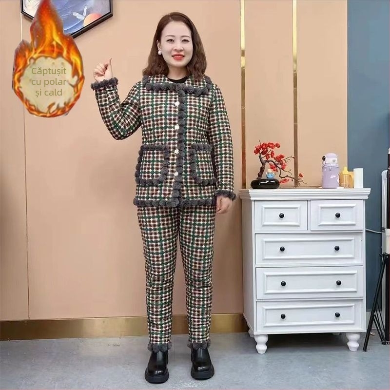 Mama de iarnă, căptușită cu fleece, îngroșată, cu bumbac, haine, pantaloni din bumbac, costum de femei, nou-venită, jachetă caldă cu bumbac, pentru femei de vârstă mijlocie și vârstnici, set din două piese