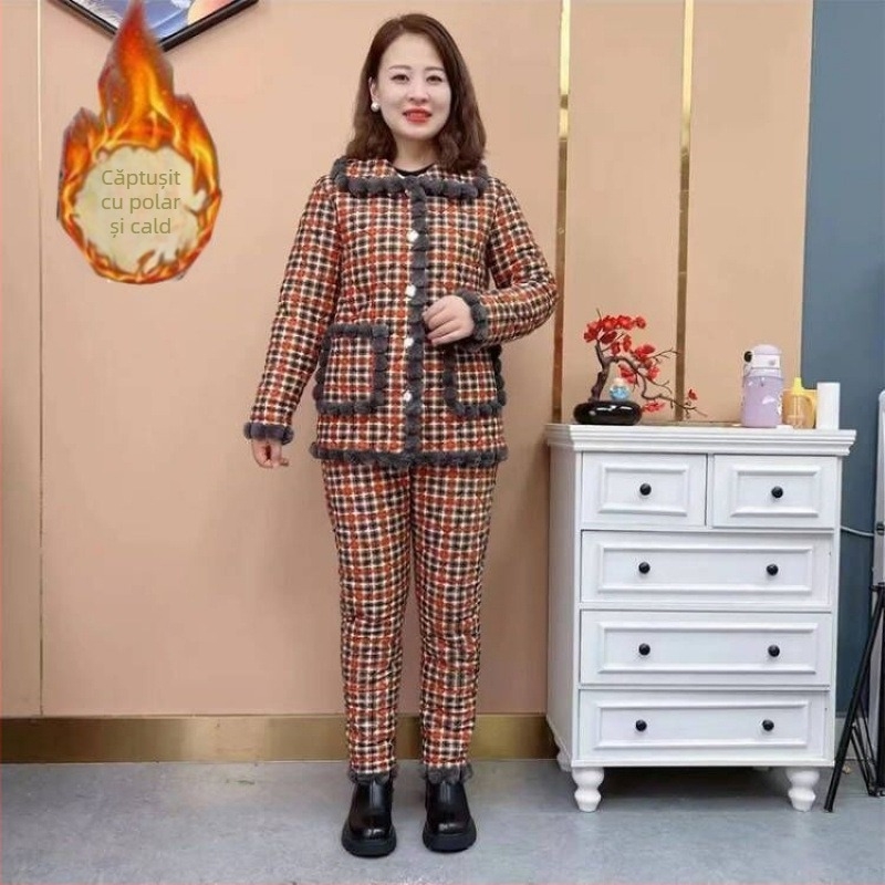 Mama de iarnă, căptușită cu fleece, îngroșată, cu bumbac, haine, pantaloni din bumbac, costum de femei, nou-venită, jachetă caldă cu bumbac, pentru femei de vârstă mijlocie și vârstnici, set din două piese