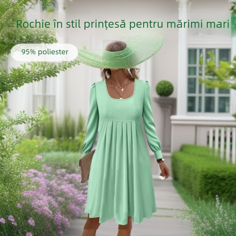 2025 Comerț exterior european și american transfrontalier Îmbrăcăminte pentru femei Amazon Mărime extra mare Rochie nouă cu mânecă lungă și guler rotund