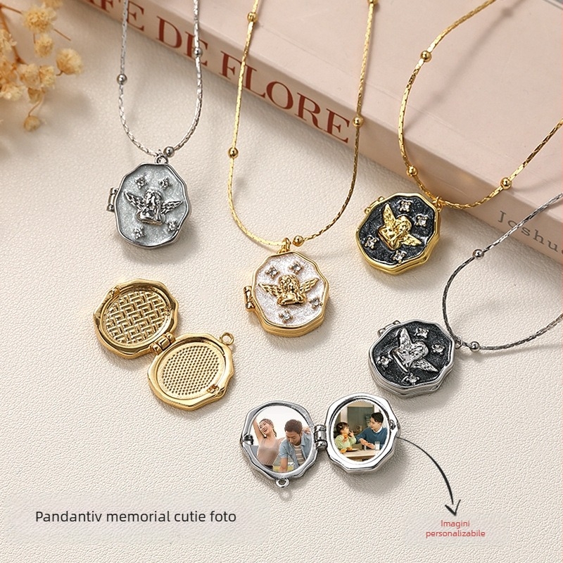 Colier cu cutie foto populară transfrontalieră, galvanizare, păstrarea culorii, pandantiv personalizat cu înger, portabil, deschis, colier cu album foto comemorativ