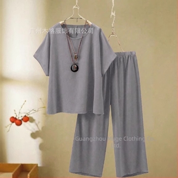 2025 Femeii de vară, cu mânecă lungă, cu guler rotund, stil european și american, cu croială transfrontalieră, stil nou, top și pantaloni cu picior larg, stil casual, 2