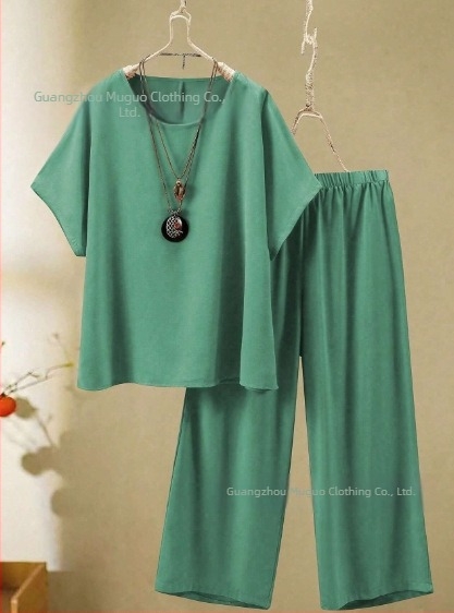 2025 Femeii de vară, cu mânecă lungă, cu guler rotund, stil european și american, cu croială transfrontalieră, stil nou, top și pantaloni cu picior larg, stil casual, 2