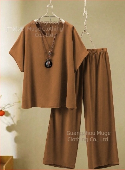 2025 Femeii de vară, cu mânecă lungă, cu guler rotund, stil european și american, cu croială transfrontalieră, stil nou, top și pantaloni cu picior larg, stil casual, 2