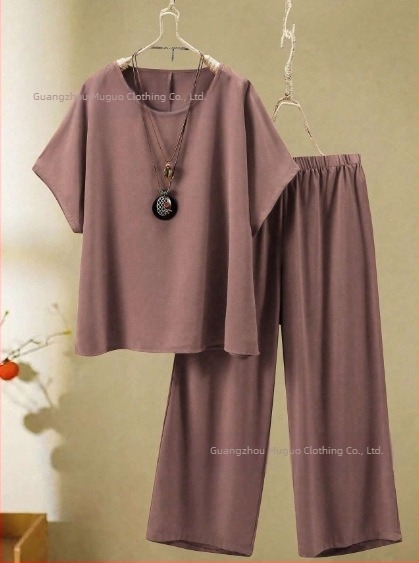 2025 Femeii de vară, cu mânecă lungă, cu guler rotund, stil european și american, cu croială transfrontalieră, stil nou, top și pantaloni cu picior larg, stil casual, 2