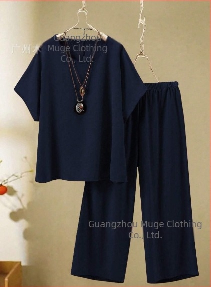 2025 Femeii de vară, cu mânecă lungă, cu guler rotund, stil european și american, cu croială transfrontalieră, stil nou, top și pantaloni cu picior larg, stil casual, 2